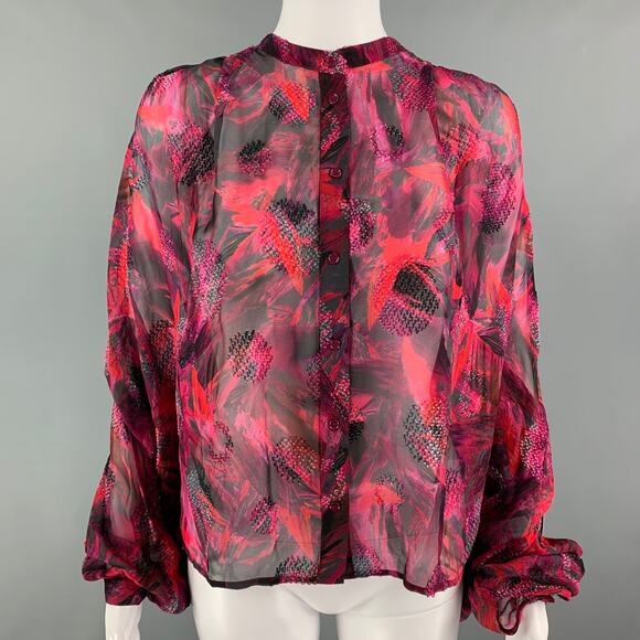 IRO Size 0 Red Black Silk Viscose Textured Oversized Casual Top - Picture 1 of 1